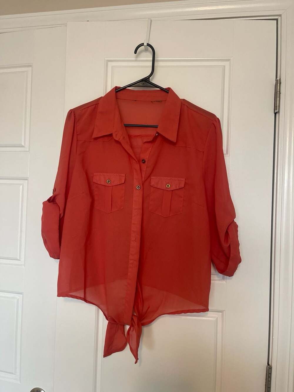 Candie's Sheer Coral Tie-Front Roll-Tab Sleeve Button-Down Blouse